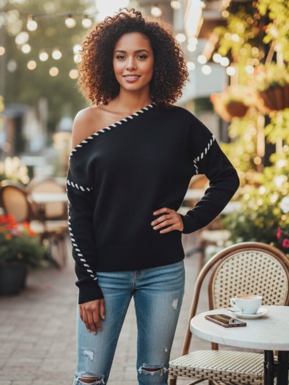 NWT Mon Renn Dahlia Off Shoulder Jumper Black Cream Size Small Chic Essentials - Picture 1 of 4